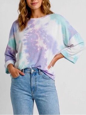 JOLIE Boho Pastel Tie-Dye Lightweight Sweatshirt Top White Purple Turquoise Blue